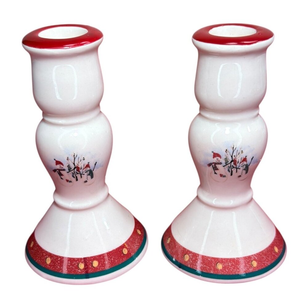 Vintage CIB Royal Seasons Ceramic Christmas Candle Holders With Snowman Design &